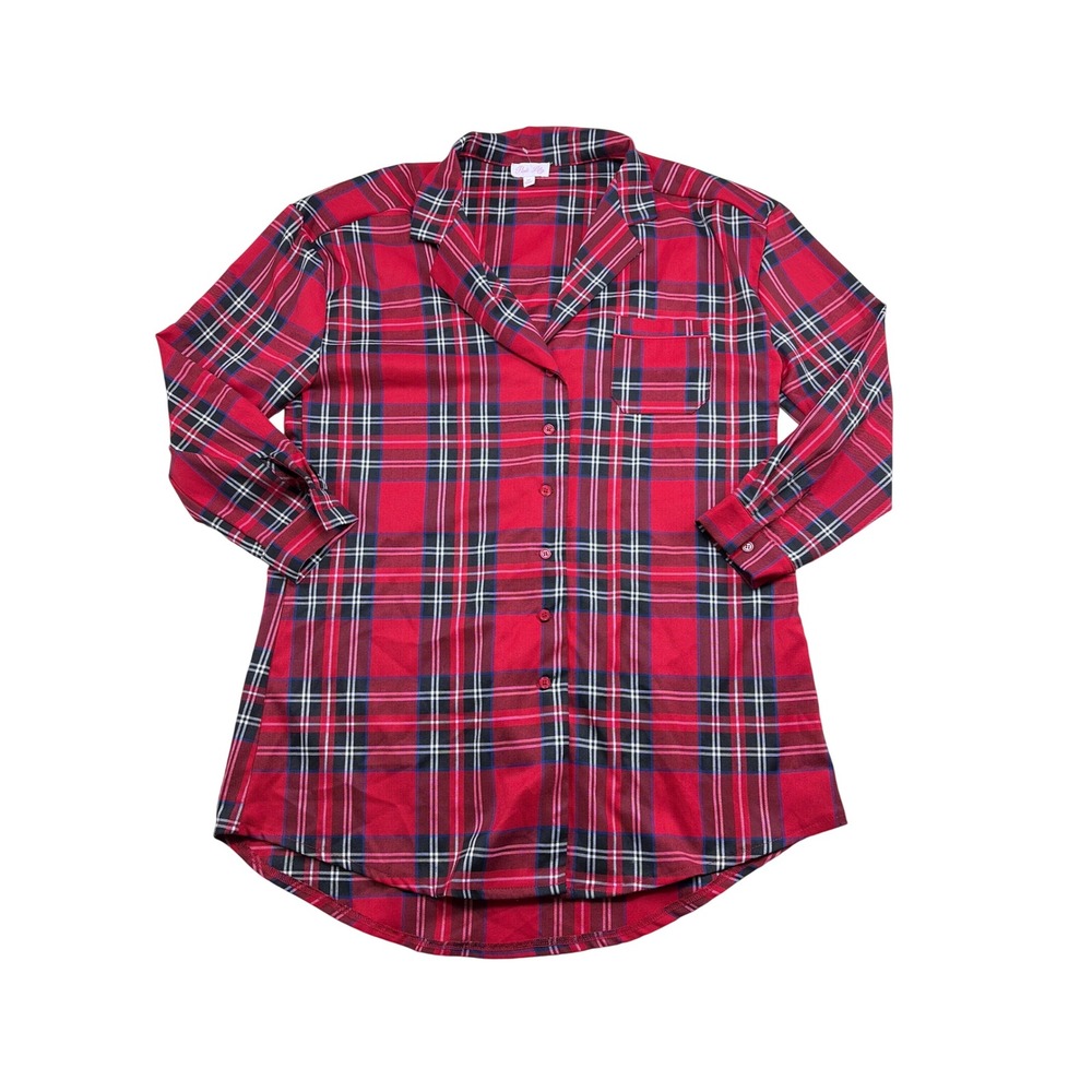 Pink Lily Red Plaid Sleep Shirt Nightshirt Medium Notched Lapel Pocket